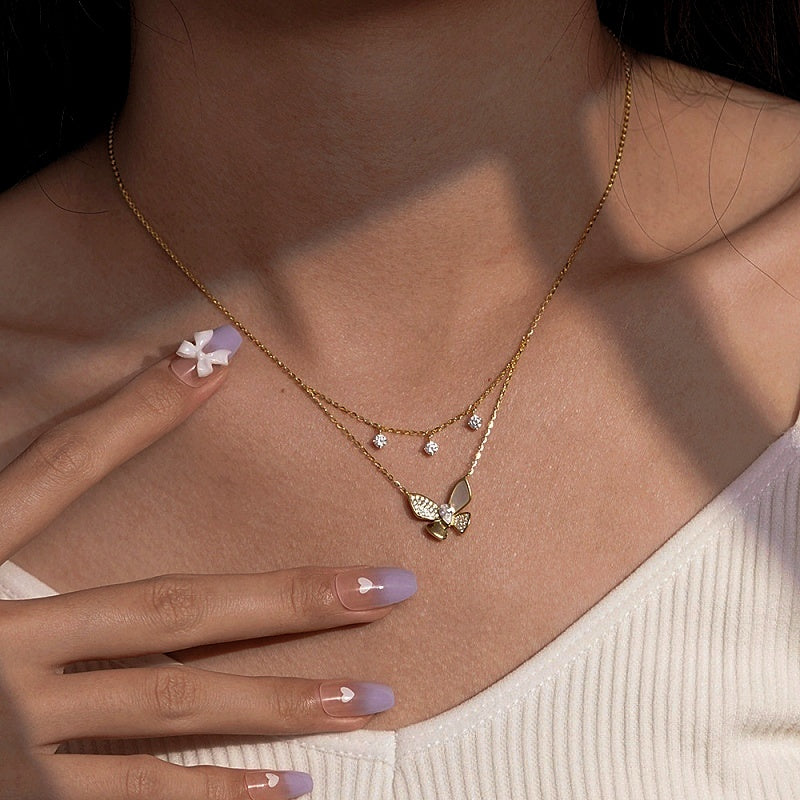 Sterling Silver Diamond Double-Layer Butterfly Necklace