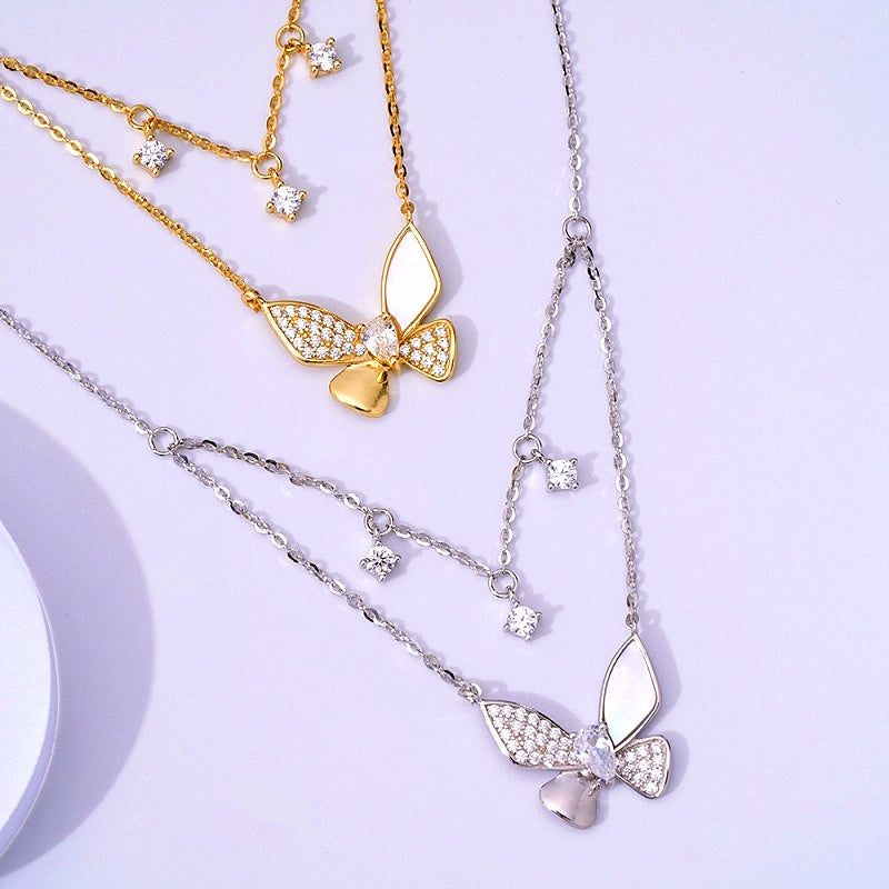 Sterling Silver Diamond Double-Layer Butterfly Necklace