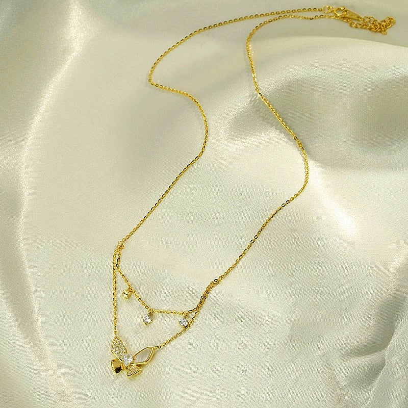 Sterling Silver Diamond Double-Layer Butterfly Necklace