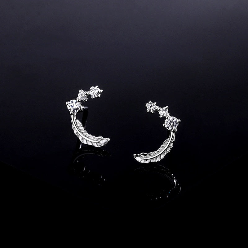 Sterling Silver Diamond Feather Stud Earrings