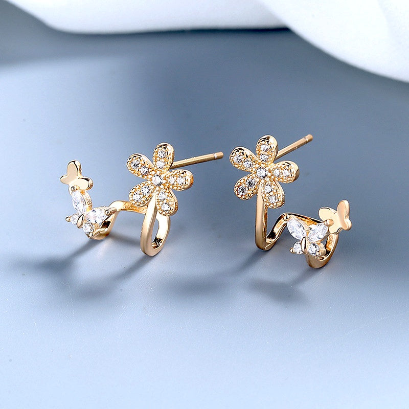 Sterling Silver Diamond Flower And Butterfly Earrings