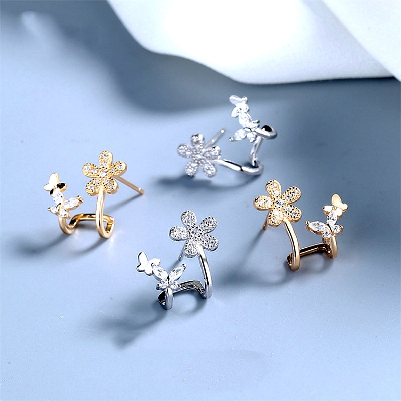 Sterling Silver Diamond Flower And Butterfly Earrings