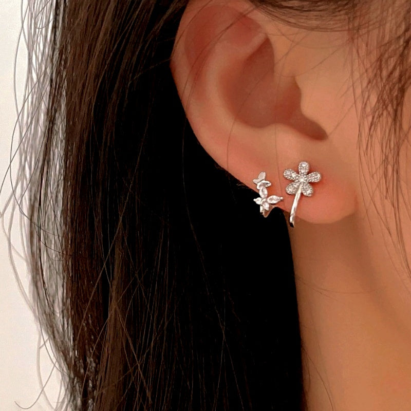 Sterling Silver Diamond Flower And Butterfly Earrings