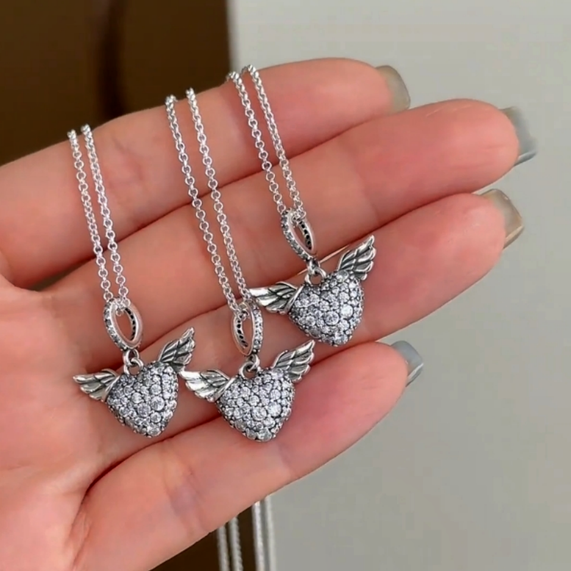 Sterling Silver Diamond Heart Angel Wing Necklace