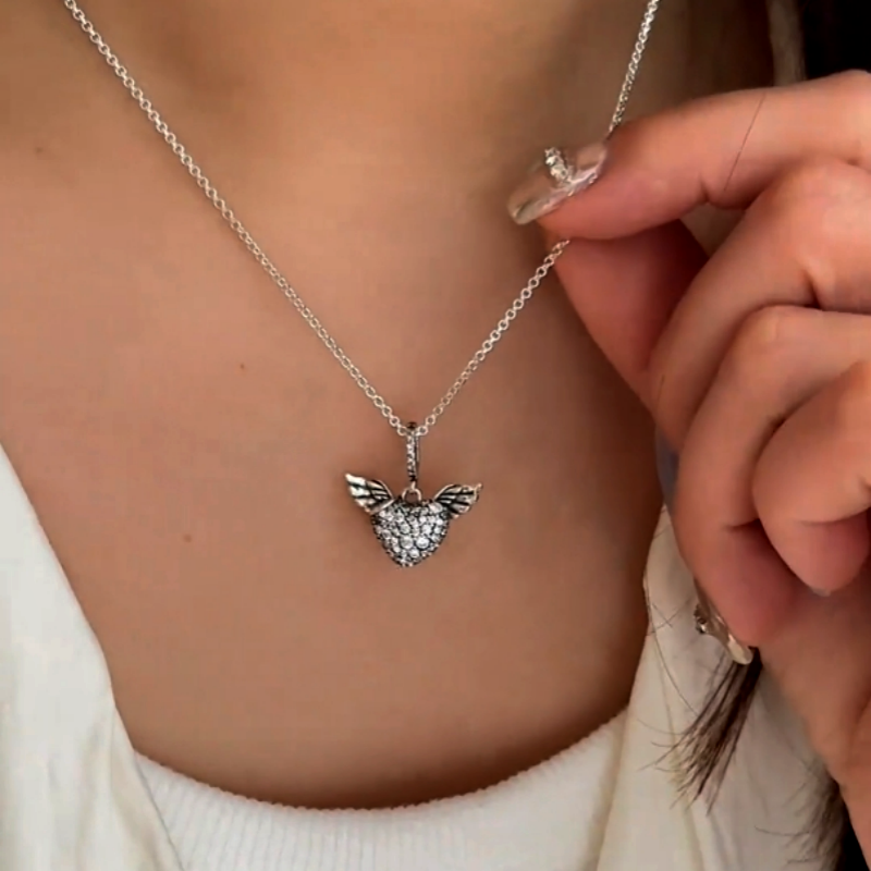 Sterling Silver Diamond Heart Angel Wing Necklace
