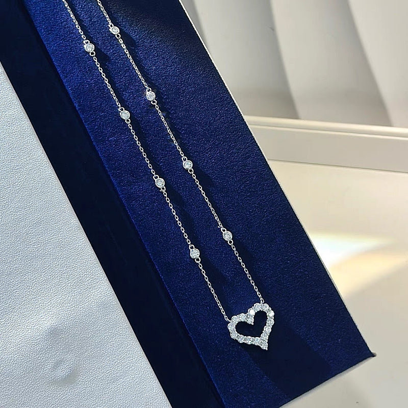 Sterling Silver Diamond Hollow Heart Necklaces