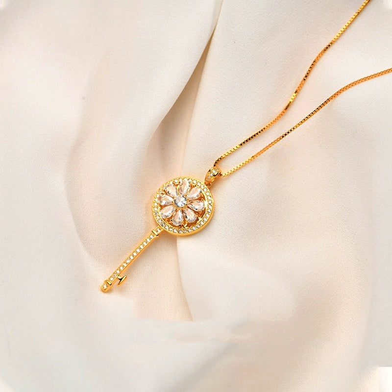 Sterling Silver Diamond Key Flower Necklace