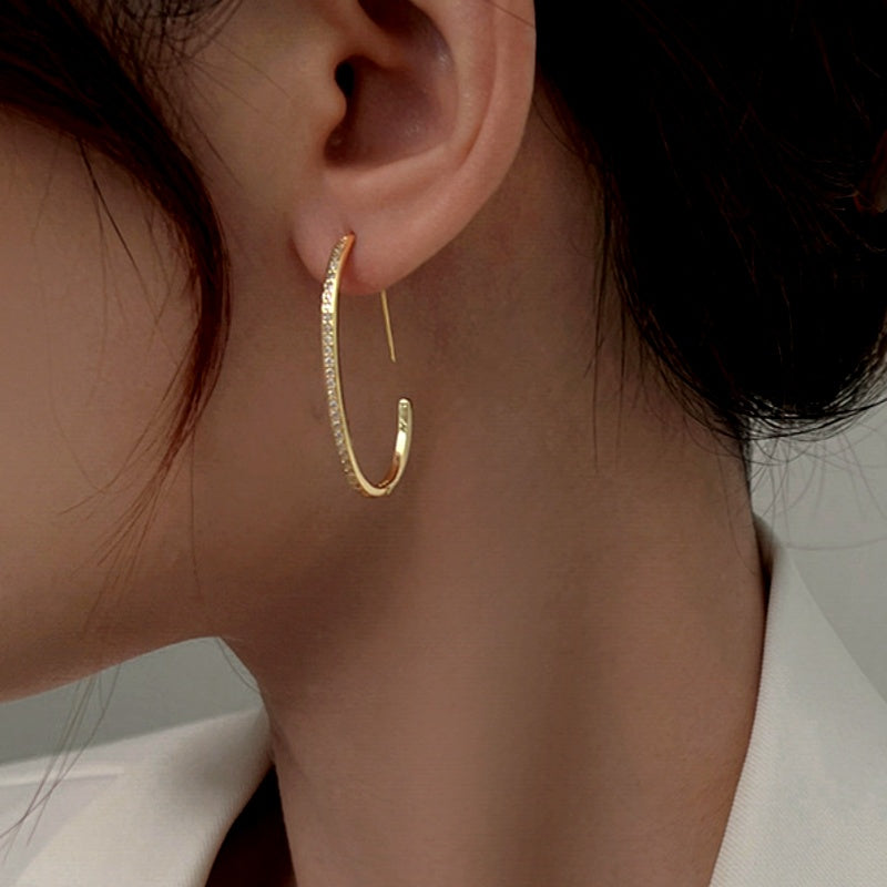 Sterling Silver Diamond Line C-Shaped Earrings