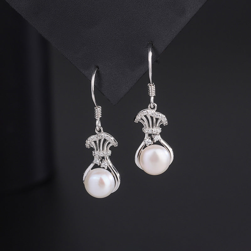 Sterling Silver Diamond Lucky Bag Pearl Ear Hooks
