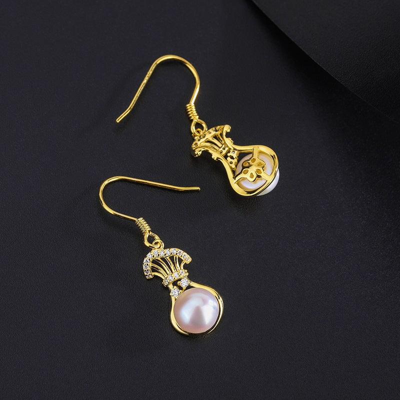 Sterling Silver Diamond Lucky Bag Pearl Ear Hooks