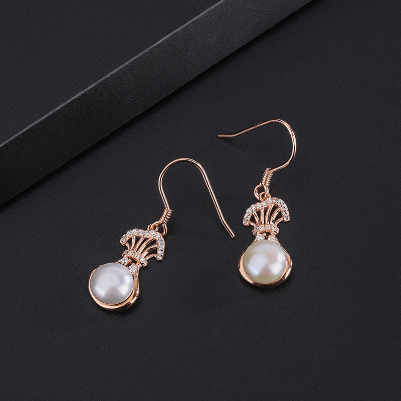 Sterling Silver Diamond Lucky Bag Pearl Ear Hooks