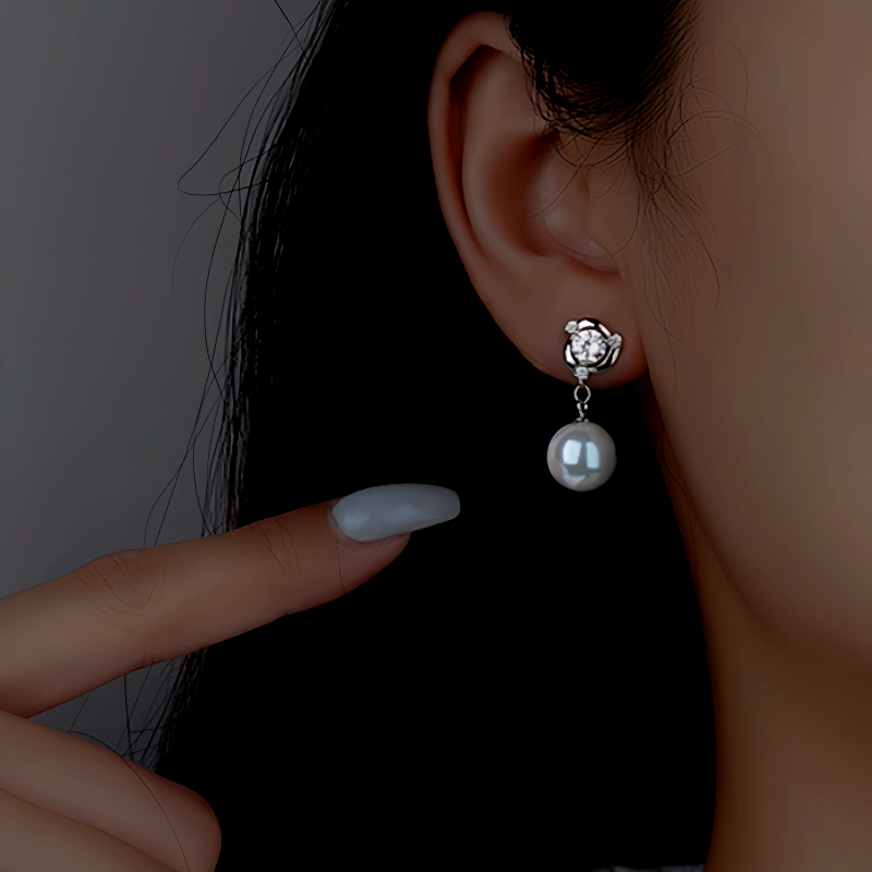 Sterling Silver Diamond Pearl Earrings