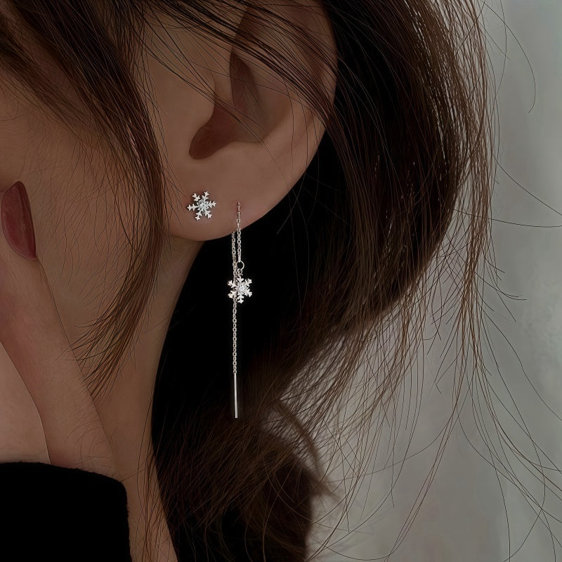 Sterling Silver Diamond Winter Snowflake Threader Earrings
