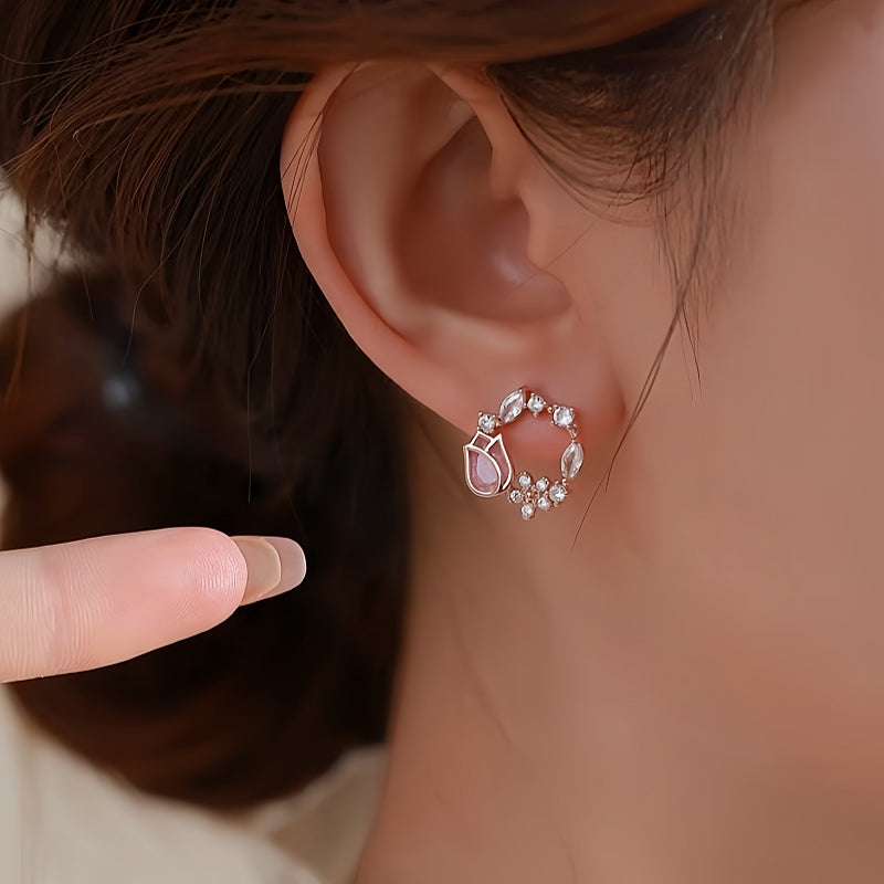 Sterling Silver Diamonds And Pink Zircon Tulip Earrings
