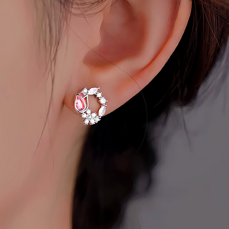 Sterling Silver Diamonds And Pink Zircon Tulip Earrings