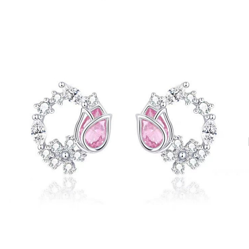 Sterling Silver Diamonds And Pink Zircon Tulip Earrings