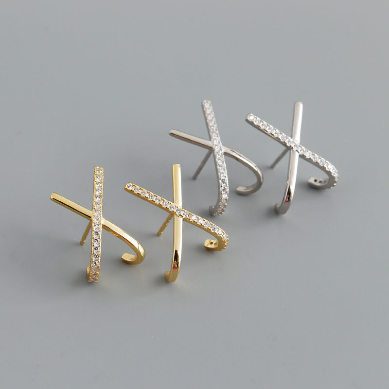 Sterling Silver Diamonds X-Shaped Stud Earrings