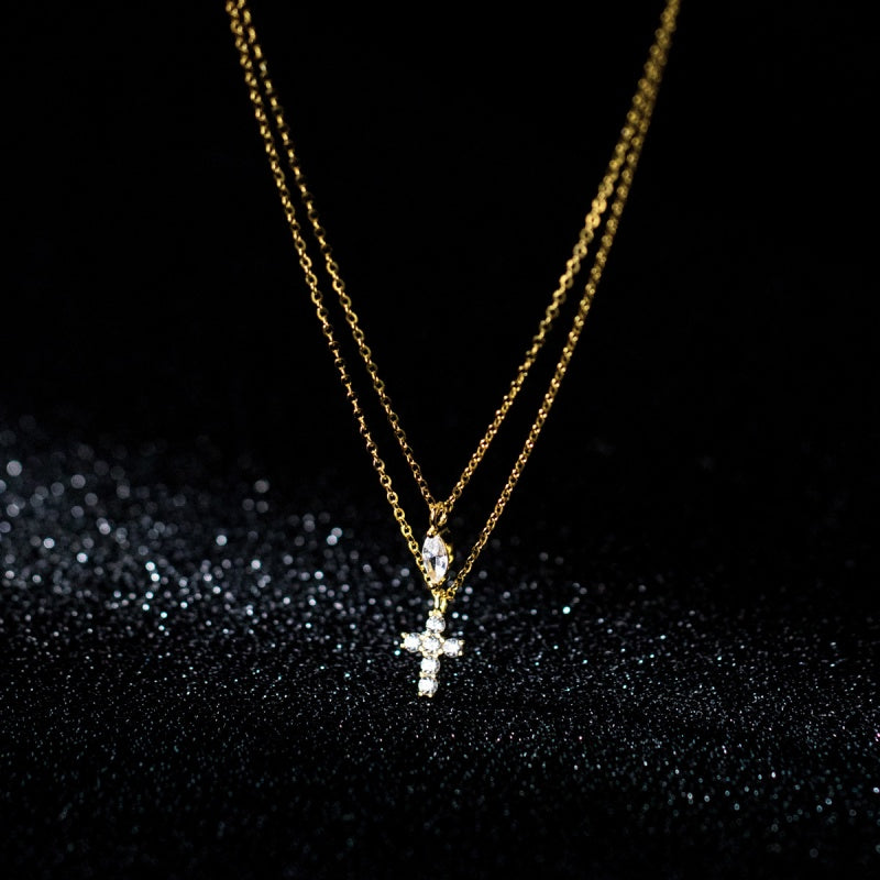 Sterling Silver Double-Layer Diamond Cross Necklace