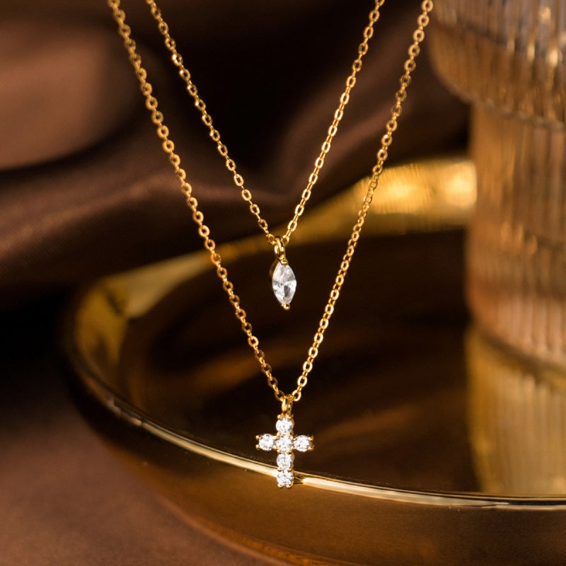 Sterling Silver Double-Layer Diamond Cross Necklace