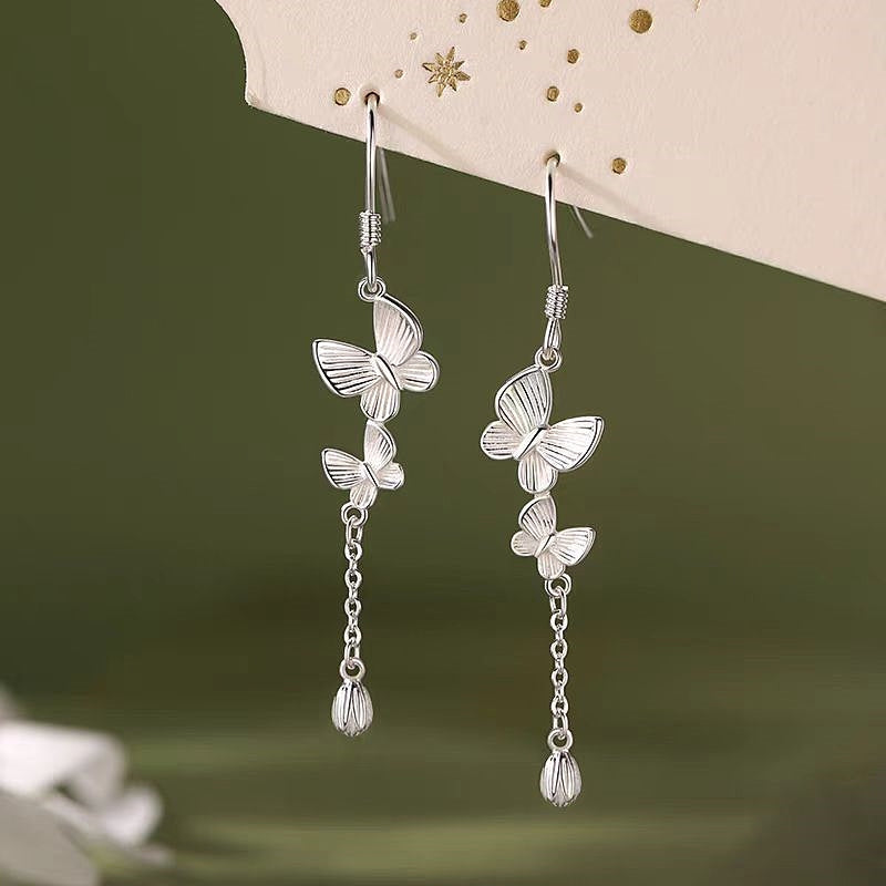 Sterling Silver Double Butterfly Ear Hook Tassel Earrings