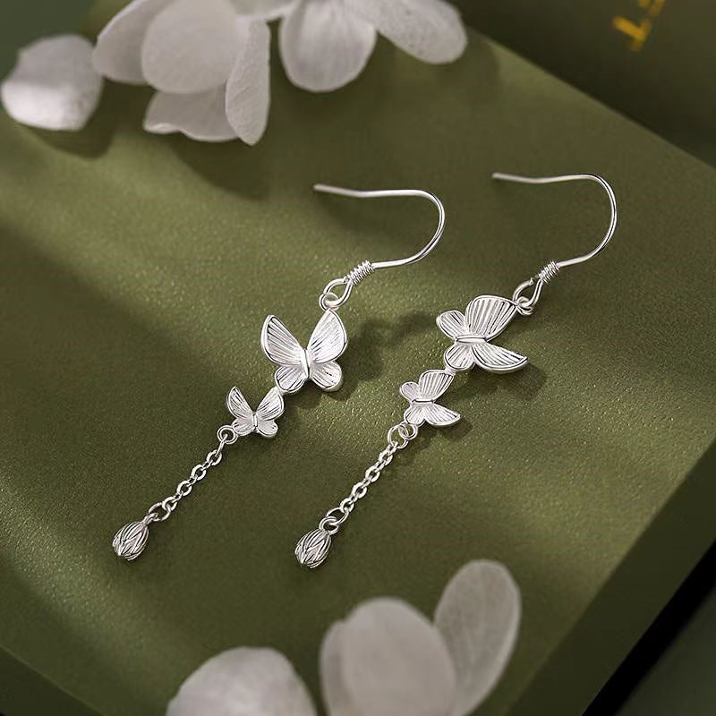 Sterling Silver Double Butterfly Ear Hook Tassel Earrings