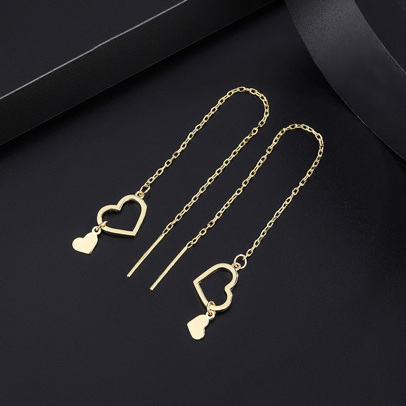 Sterling Silver Double Heart-Design Threader Earrings