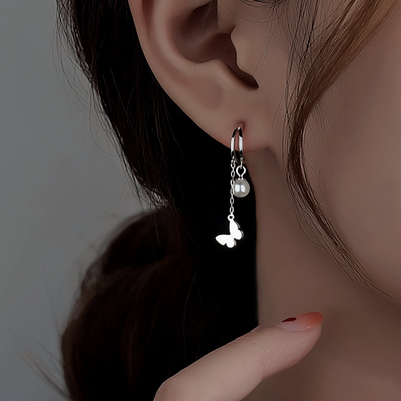 Sterling Silver Double Later Butterfly Pearl Earrings