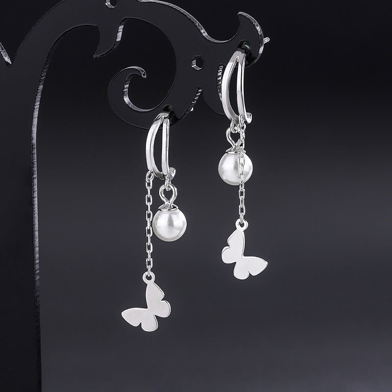 Sterling Silver Double Later Butterfly Pearl Earrings