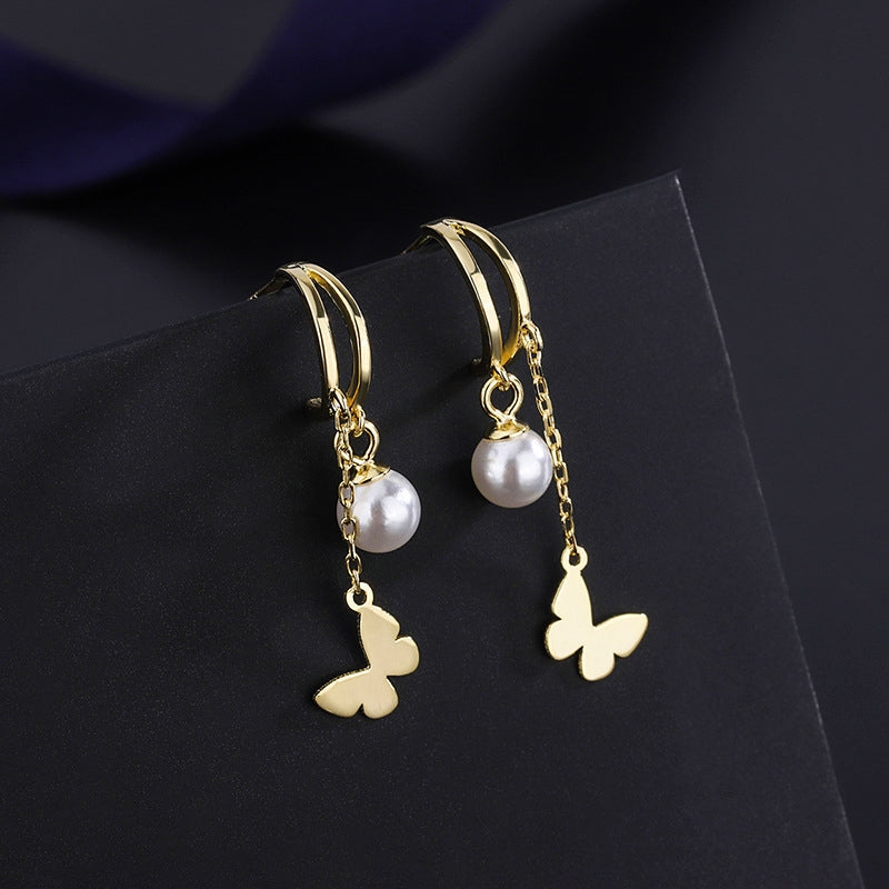 Sterling Silver Double Later Butterfly Pearl Earrings