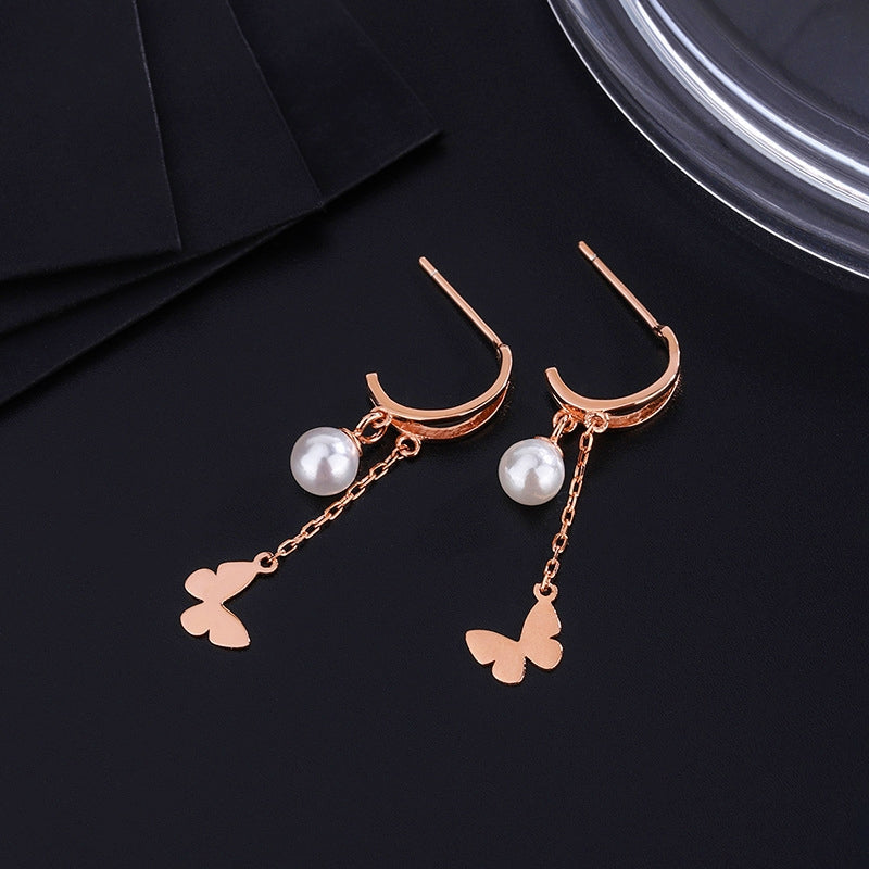 Sterling Silver Double Later Butterfly Pearl Earrings
