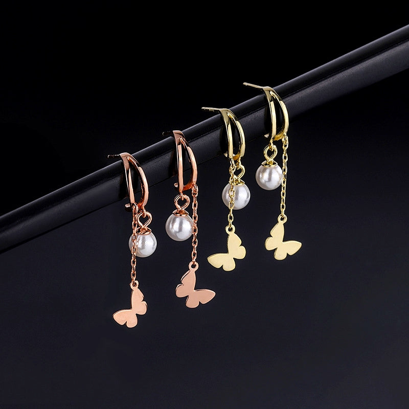 Sterling Silver Double Later Butterfly Pearl Earrings