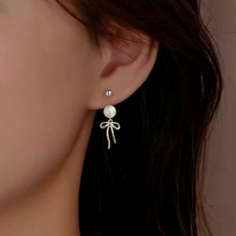 Sterling Silver Elegant Bow Pearl Earrings