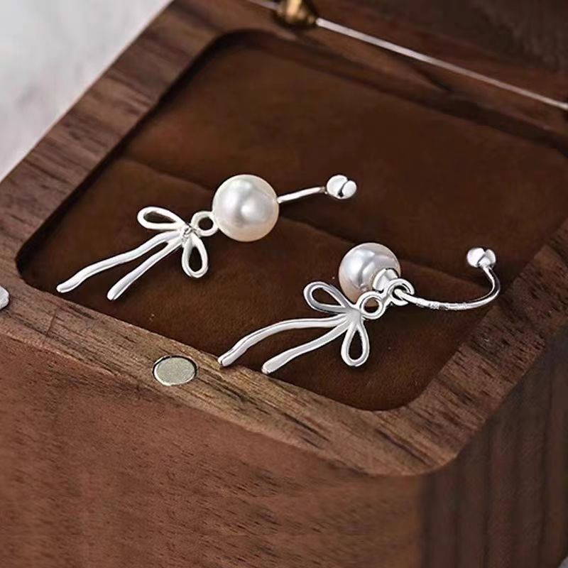 Sterling Silver Elegant Bow Pearl Earrings