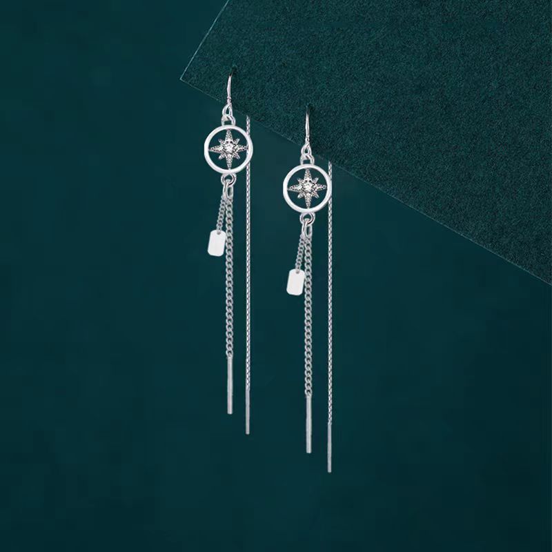 Sterling Silver Elegant Eight-Pointed Star Threader Earrings
