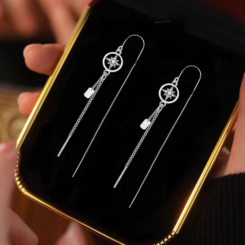 Sterling Silver Elegant Eight-Pointed Star Threader Earrings