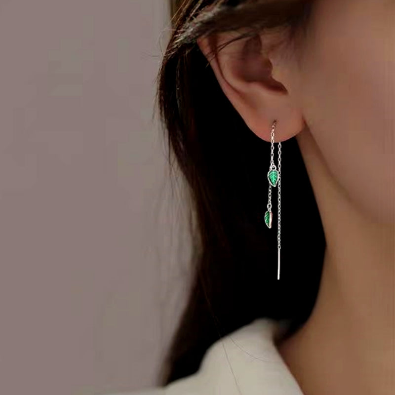Sterling Silver Elegant Green Leaf Threader Earrings
