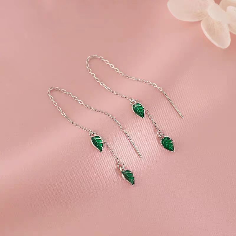 Sterling Silver Elegant Green Leaf Threader Earrings