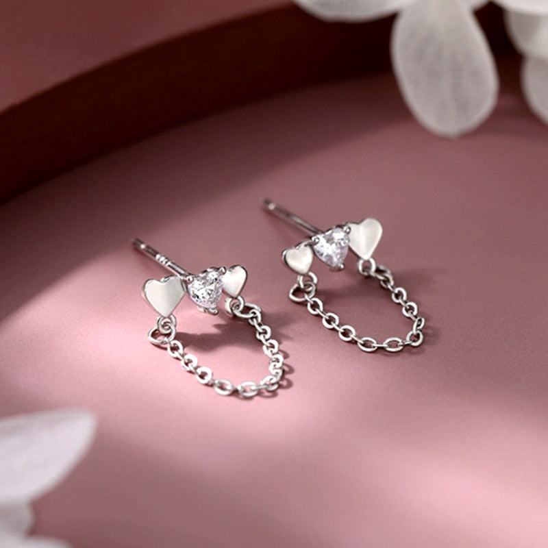Sterling Silver Elegant Heart Chain Tassel Earrings