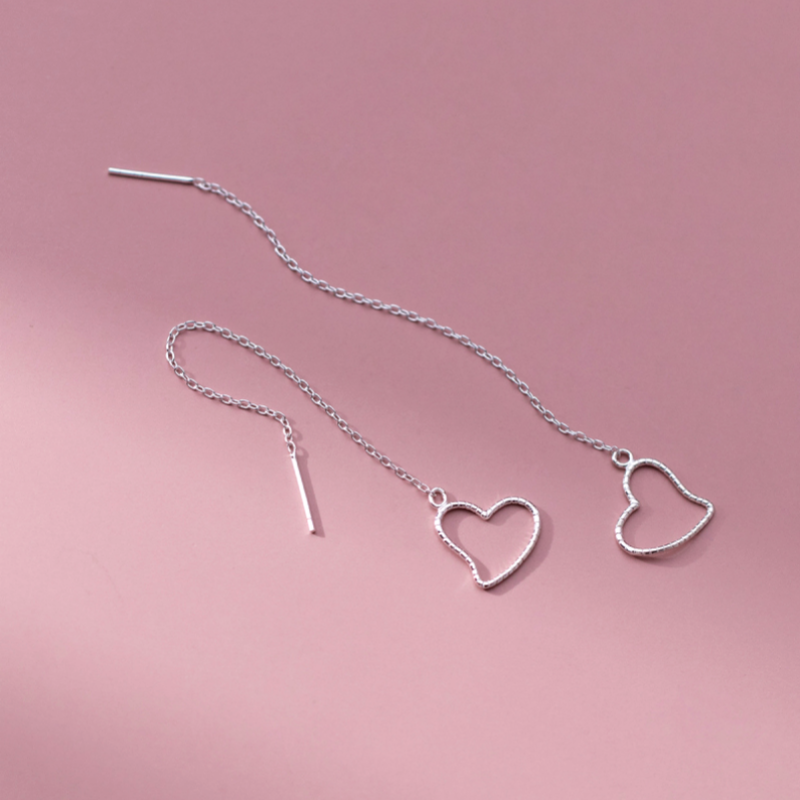 Sterling Silver Elegant Hollow Heart Threader Earrings