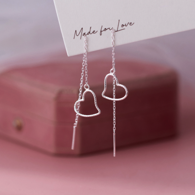 Sterling Silver Elegant Hollow Heart Threader Earrings