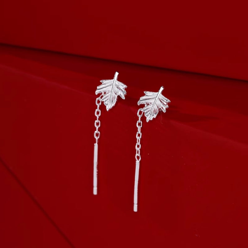 Sterling Silver Elegant Maple Leaf Threader Earrings