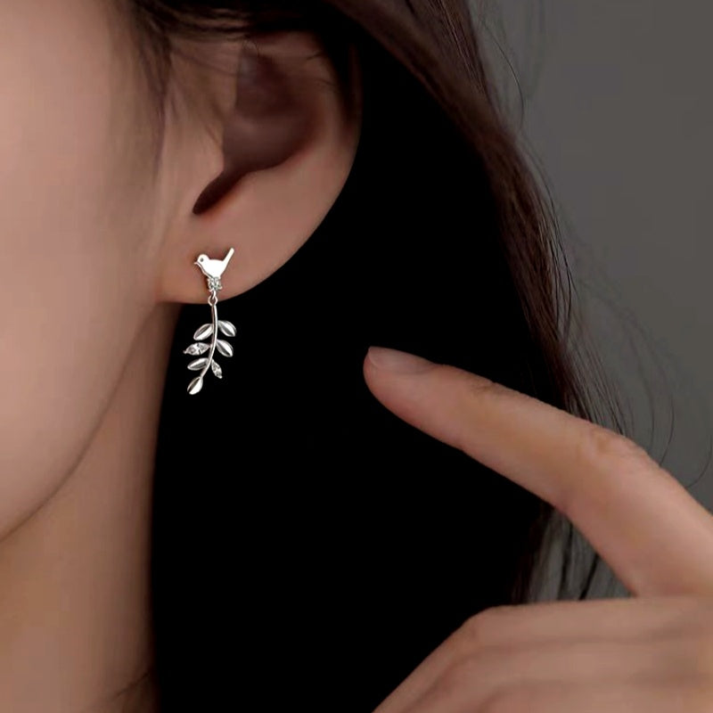 Sterling Silver Elegant Olive Branch Bird Earrings