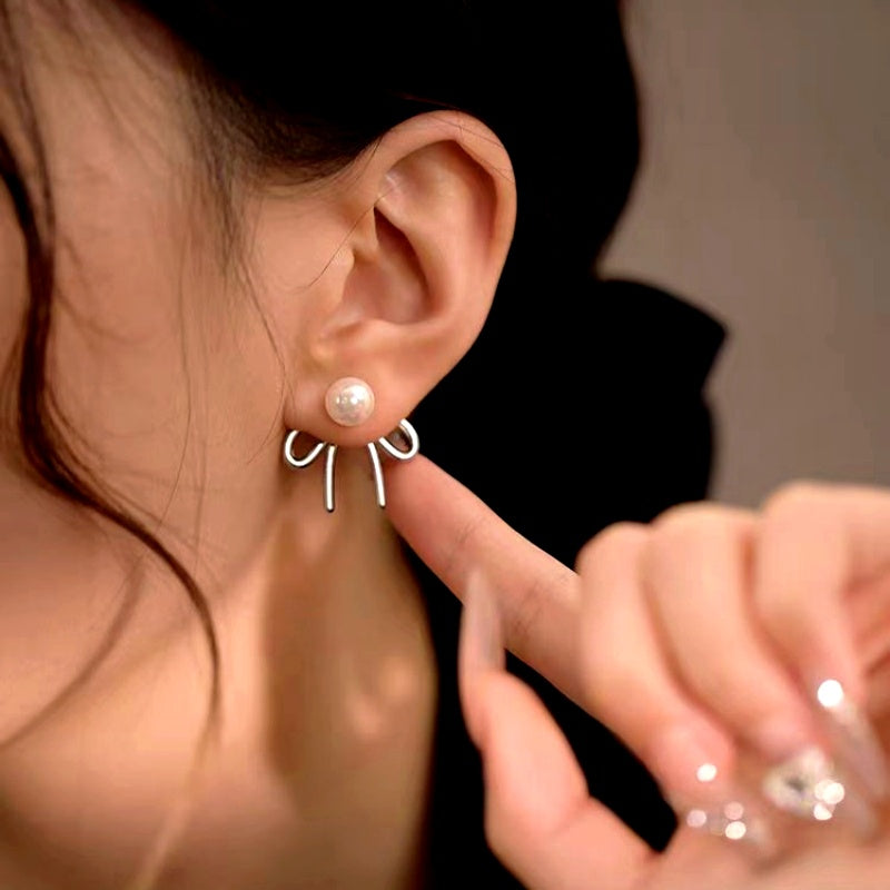 Sterling Silver Elegant Pearl Bow Earrings