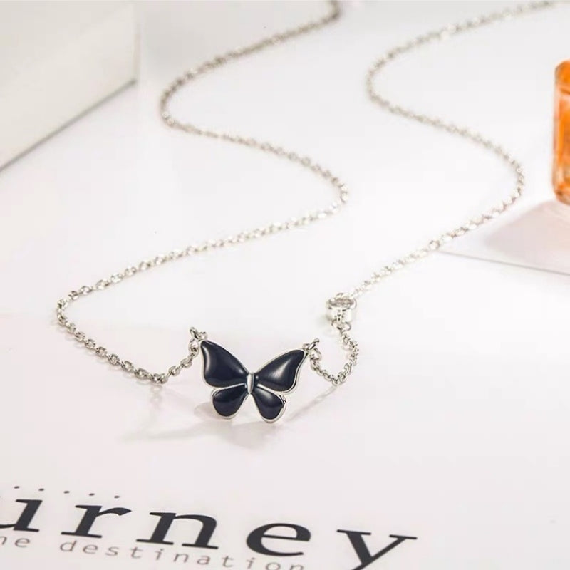 Sterling Silver Elegent Black And Blue Butterfly Necklaces