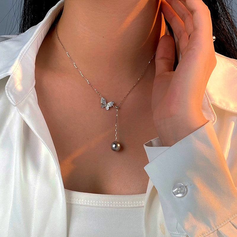 Sterling Silver Fantasy Diamond Butterfly Pearl Necklace