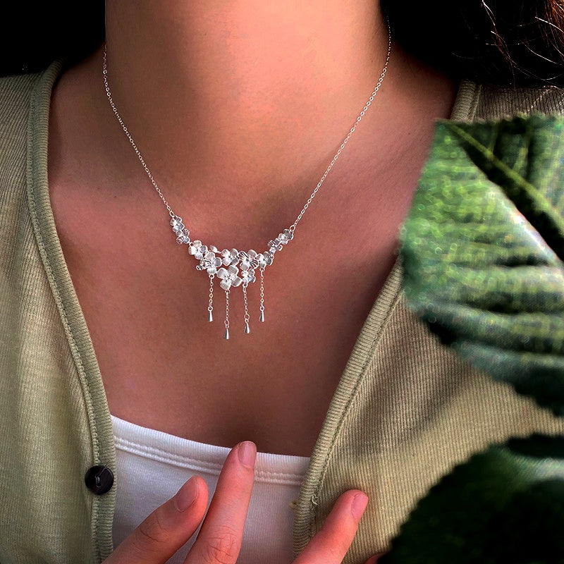 Sterling Silver Flower Water Drop Tassel Necklace