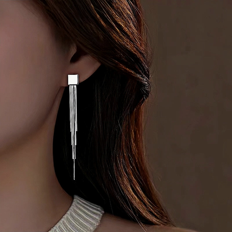Sterling Silver Geometric Square Tassel Earrings