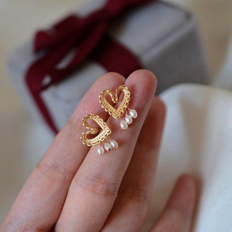 Sterling Silver Heart Artificial Pearl Stud Earrings
