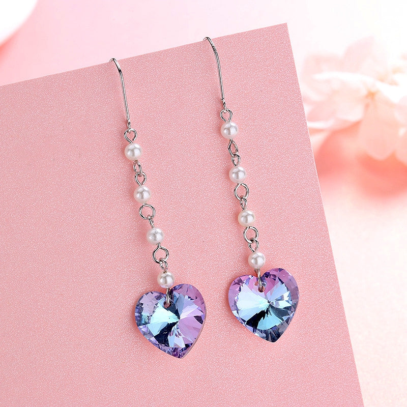 Sterling Silver Heart Pearl Tassel Threader Earrings