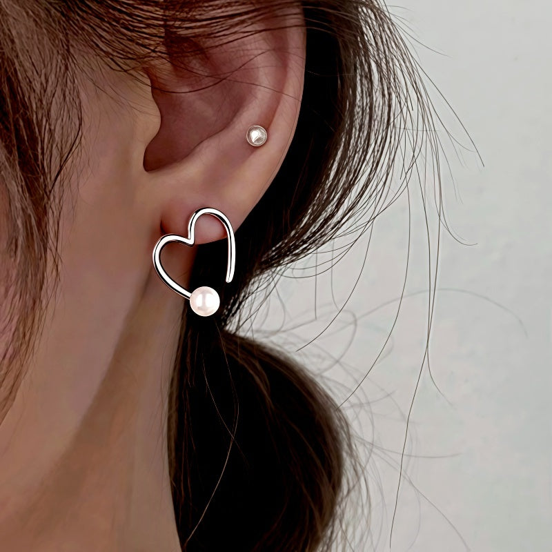 Sterling Silver Hollow Heart Pearl Earrings